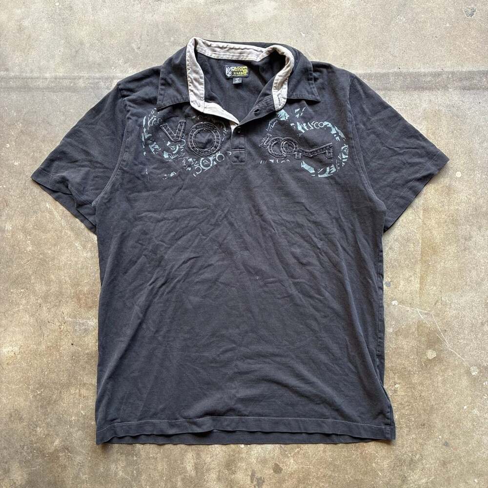 Volcom Graphic Polo Shirt Size X-Large Black Distressed Y2K